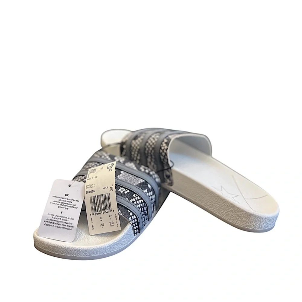 ADIDAS ORIGINALS - WHITE SILVER GREY ADILETTE SNAKESKIN SLIDE SANDALS